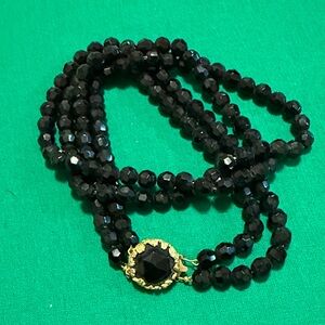 Antique Czech Glass Black Beaded Necklace with Gold Tone Closure
